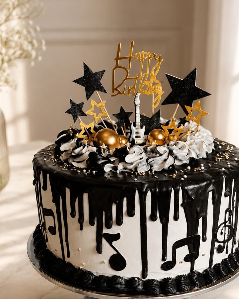 Pastel de chocolate con drip y decoración de notas musicales