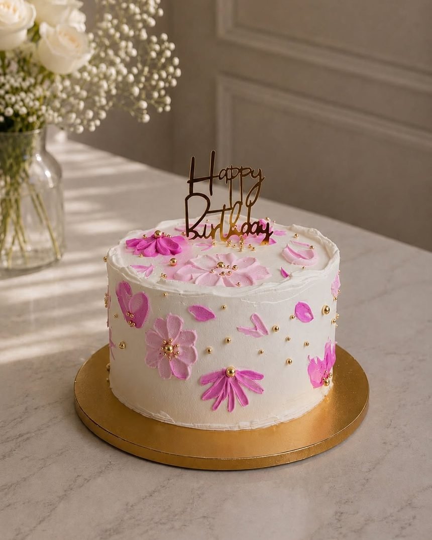 Pastel de cumpleaños con flores pintadas a mano