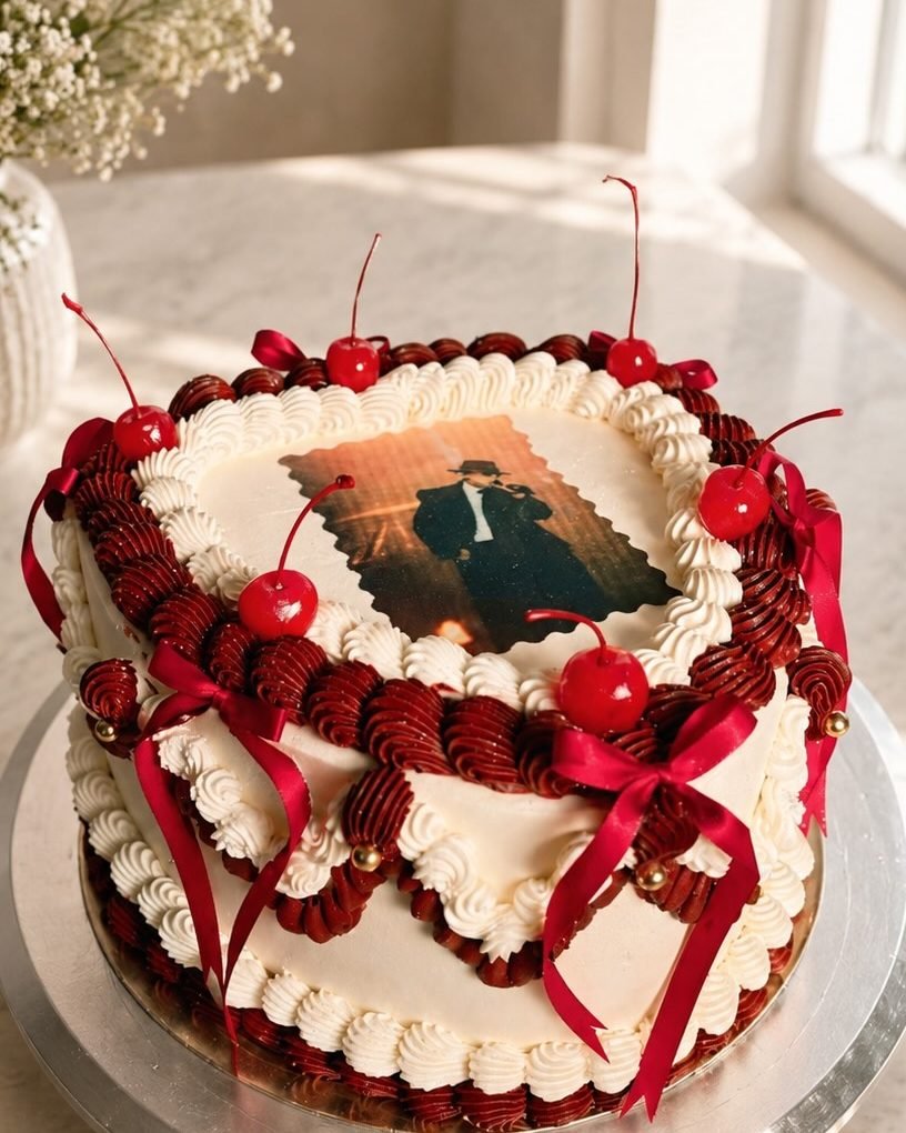 Pastel con foto comestible, cerezas y lazos rojos