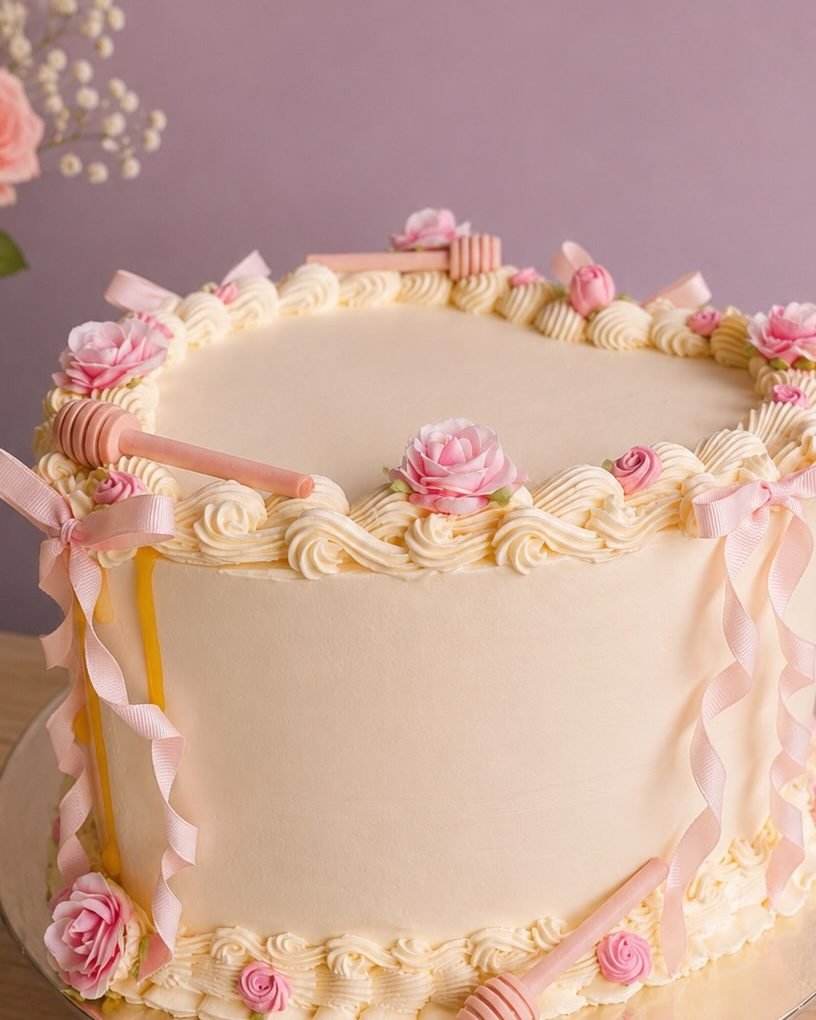 Pastel de buttercream rosa decorado con flores y un lazo