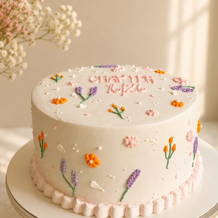 Pastel de crema con flores pintadas a mano