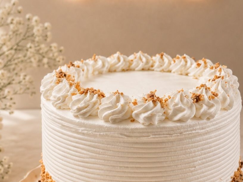 Pastel del mes de vainilla con duraznos frescos y pecanas caramelizadas