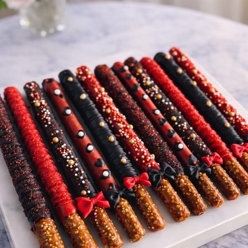 Pretzels bañados en chocolate blanco y negro con sprinkles